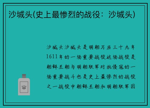 沙城头(史上最惨烈的战役：沙城头)